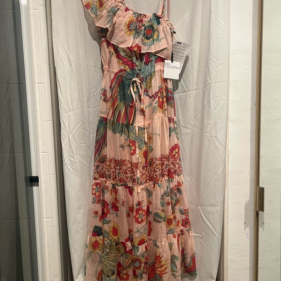 RED Valentino Bird and Floral Print Midi Dress in Pink and Green - Picture 6 of 11